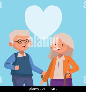old couple walking with canes and heart active seniors characters vector illustration design Stock Vector