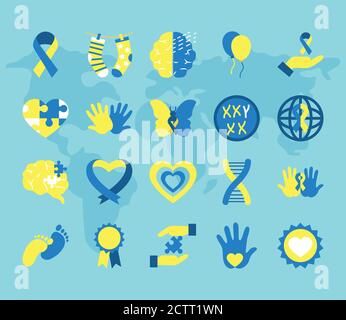 ribbon and down syndrome icon set over blue background, flat style, vector illustration Stock Vector