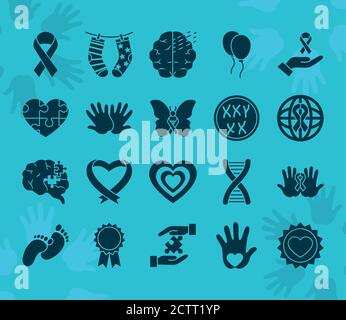 ribbon and down syndrome icon set over blue background, silhouette style, vector illustration Stock Vector