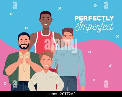 perfectly imperfect people group characters with blue and pink background vector illustration design Stock Vector