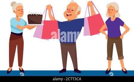 old people with shopping bags and sweet cake characters vector illustration design Stock Vector