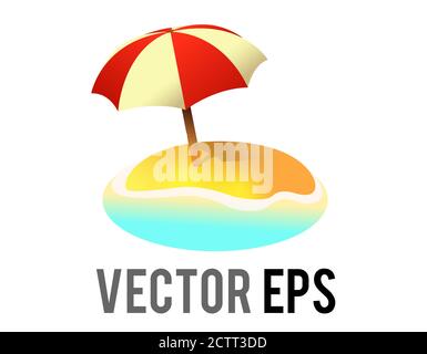 The isolated vector beach island icon, with sun umbrella its shadow, sand and ocean water Stock Vector