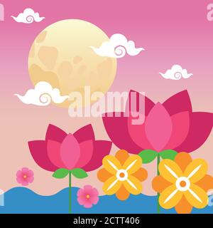 mid autumn festival celebration with fullmoon in garden vector illustration design Stock Vector