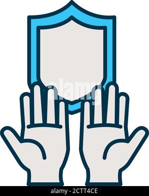 hands with shield icon over white background, line style, vector ...