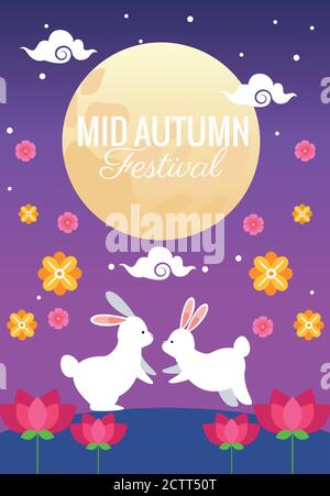 mid autumn festival celebration with rabbits couple in garden vector illustration design Stock Vector