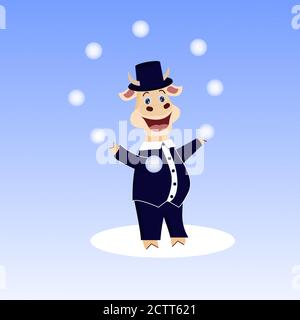 Cute cartoon bull juggling snowballs. Vector illustration with the symbol of the Chinese New year 2021 Stock Vector