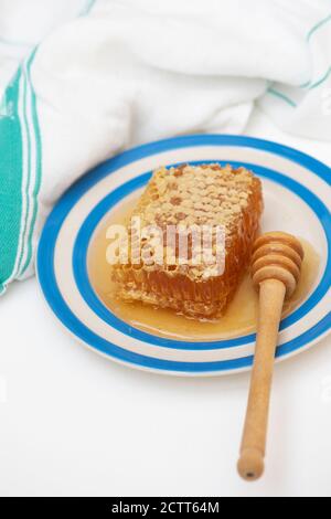 Honeycomb on a cornishware plate with a drizzler Stock Photo