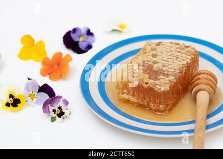 Honeycomb on a cornishware plate with a drizzler and edible flowers Stock Photo