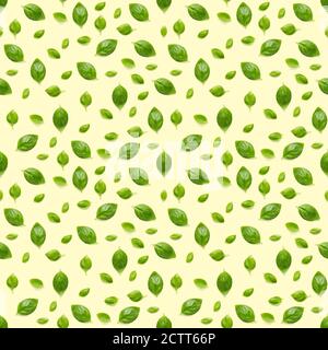 Italian Basil leaf herb seamless pattern on yellow background, Creative seamless pattern made from fresh green basil flat lay layout. Stock Photo