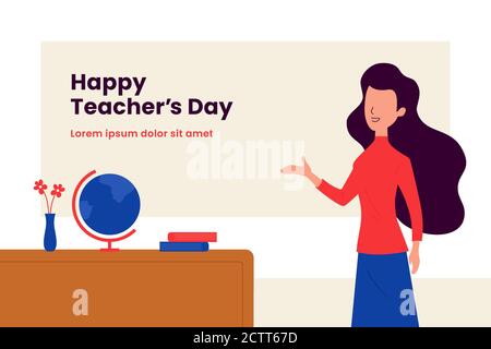 Happy teacher's day background poster template. Long hair woman teacher with explain gesture hand vector illustration in front of the class room scene Stock Vector