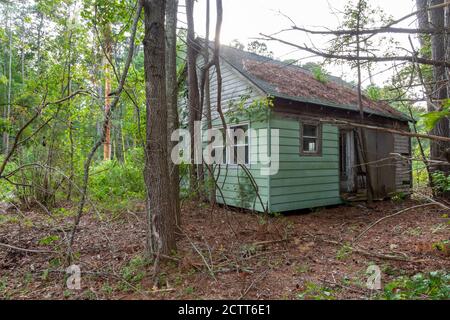 An abandoned very old house in the middle of woods . The one story building is poorly maintained with wooden frame rotting windows and doors broken an