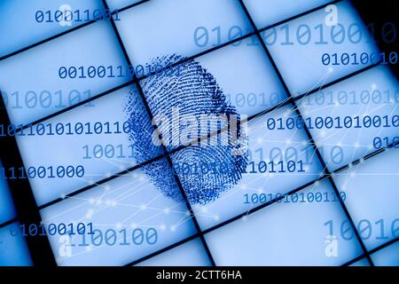 Fingerprint on grid with binary code Stock Photo