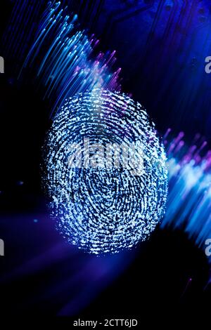 Fingerprint with fiber optic cables in background Stock Photo