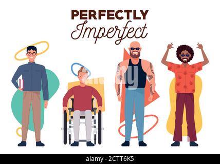 perfectly imperfect people group characters and geometric figures background vector illustration design Stock Vector