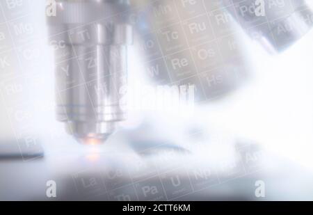 Close-up of laboratory microscope lens with periodic table Stock Photo