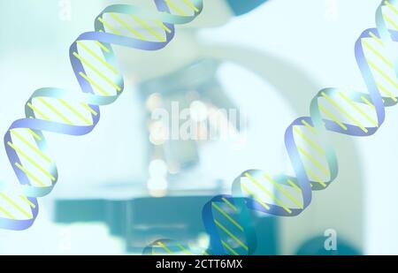 DNA helix and microscope in background Stock Photo