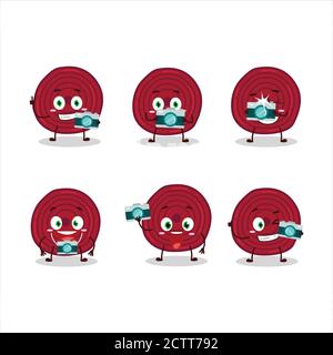 Photographer profession emoticon with slice of beet root cartoon character Stock Vector