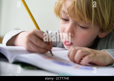 Boy (4-5) doing homework Stock Photo