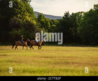USA, Utah, Salem, Teenage sisters (14-15) riding horses in meadow Stock Photo