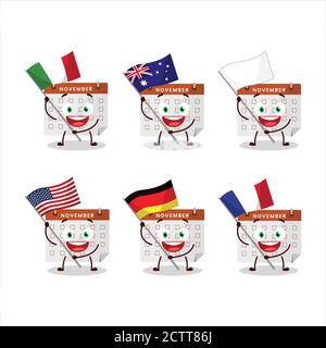 Thanksgiving calendar cartoon character bring the flags of various countries Stock Vector