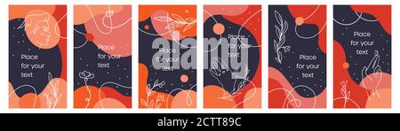 Vector set of social media stories. Abstract linear style, hands and elegant woman portrait, flame and navy colors. Highlights layout Stock Vector