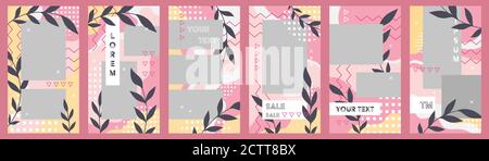 Vector set of template social media. Frames for stories, floral memphis style. Vertical banners with copy space Stock Vector
