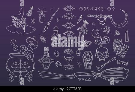 Magic elements set, witchcraft collection. Witch hat, cauldron, broom - little drawings in linear style Stock Vector