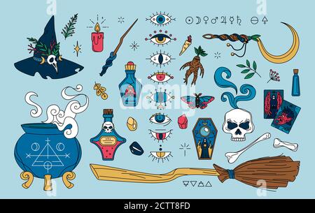 Magic elements set, witchcraft collection. Witch hat, cauldron, broom Stock Vector