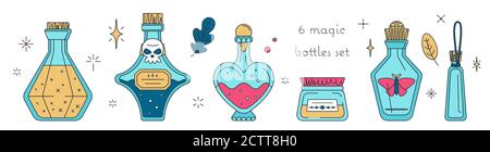 Magic bottles with witch potions. Isolated set in modern flat style - little isolated illustrations Stock Vector