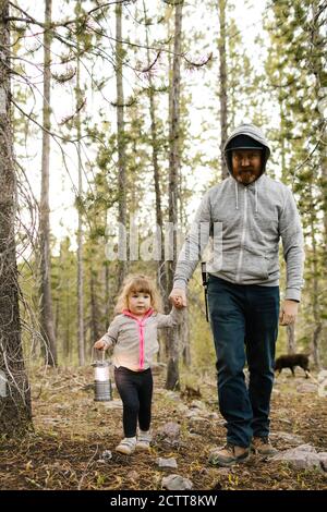 Father with daughter (2-3) walking in forest, Wasatch-Cache National Forest Stock Photo