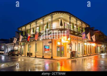 Historic Buildings on Bourbon Street at Orleans Street in French Quarter in the morning in New Orleans, Louisiana, USA. Stock Photo