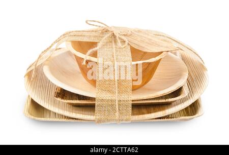 Set of plate anc cup made from dried betel nut leaf palm, natural material isolated on white background, save clipping path. Stock Photo