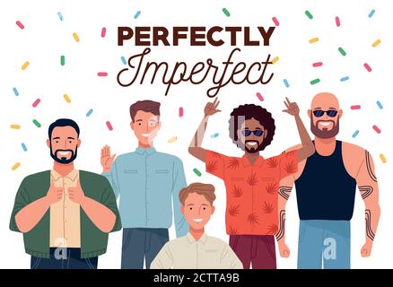 perfectly imperfect people group characters with confetti vector illustration design Stock Vector