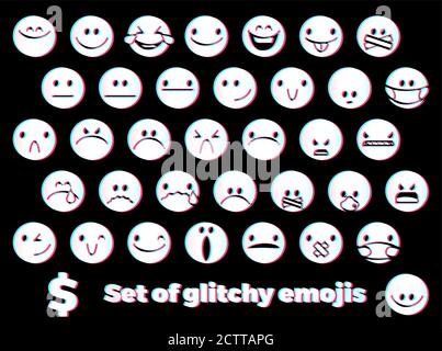 Emoji icons set with smiling face, angry face, masked and censored faces with glitch style Stock Vector