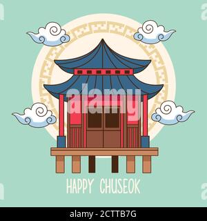 happy chuseok celebration with chinese building and clouds vector illustration design