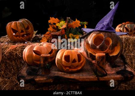 Halloween Many carved pumpkins lantern Jack for the holiday stands on a straw. Composition of scary pumpkins and candles on a dark background for the Stock Photo