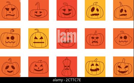 bundle of halloween pumpkins in orange background line style icons vector illustration design Stock Vector