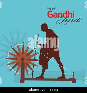 Happy Gandhi Jayanti Banner | Gandhi Ji And His Charkha | 2 October, Birthday of Mahatma Gandhi Stock Photo