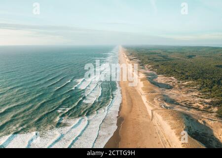 Beautiful Empty Beach in Afternoon light going endless into the distance with Green Woods and Blue Ocean, Aerial view from above Stock Photo