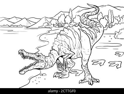 Carnivorous dinosaur - Baryonyx. Dino attack isolated drawing. Coloring page for kids and adults. Coloring book template. Stock Photo