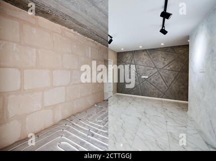 Contemporary spacious new room in apartment before and after repairs. Empty walls, modern plastering, contrasted wallpapers, spotlights, floor heating pipe system, white shiny tiles. Stock Photo