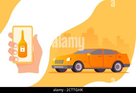 Smart car key security .The smartphone controls wireless auto. Stock Vector