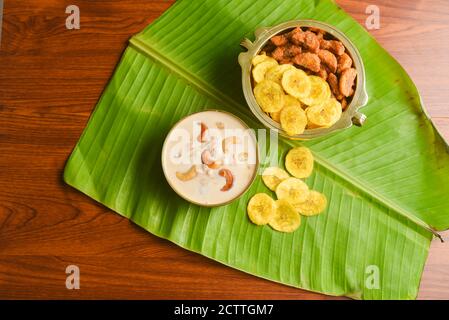 Onam sadhya sweet parippu payasam or dal kheer dessert Kerala, South India. Indian mithai Delicious festival sweet dish for Onam, Vishu, Deepawali, Stock Photo