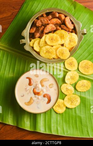 Onam sadhya sweet parippu payasam or dal kheer dessert Kerala, South India. Indian mithai Delicious festival sweet dish for Onam, Vishu, Deepawali, Stock Photo