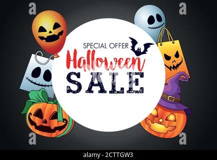 halloween sale seasonal poster with circular frame and set items vector illustration design Stock Vector