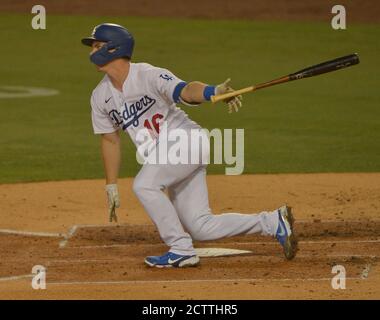 Los Angeles, United States. 24th Sep, 2020. Los Angeles Dodgers' Will Smith hits an RBI single in the first inning against the Oakland Athletics at Dodger Stadium in Los Angeles on Thursday, September 24, 2020. Photo by Jim Ruymen/UPI Credit: UPI/Alamy Live News Stock Photo