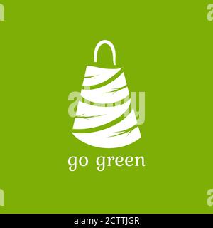 Green shopping bag made of leaves. Reuse or recycle eco package for products or food. flat icon isolated on green. vector illustration. No plastic Go Stock Vector