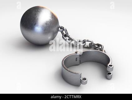 A heavy metal ball and chain with an opened shackle on an isolated ...