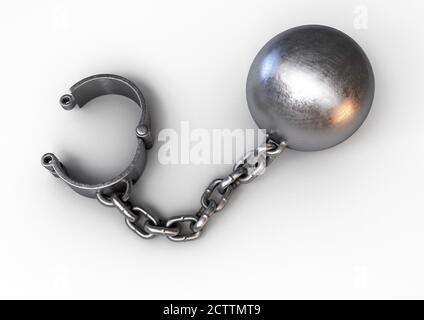A heavy metal ball and chain with an opened shackle on an isolated ...