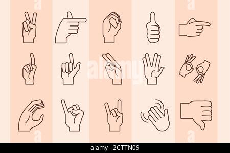 sign language hands doing alphabet line icons set vector illustration Stock Vector